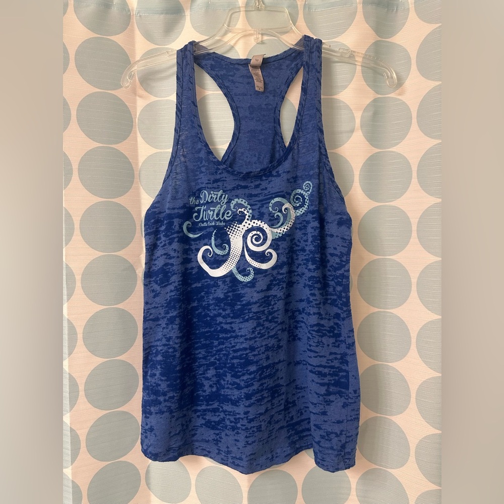 Next level “The dirty turtle Castle Rock Lake” burnout tank top, blue, size med